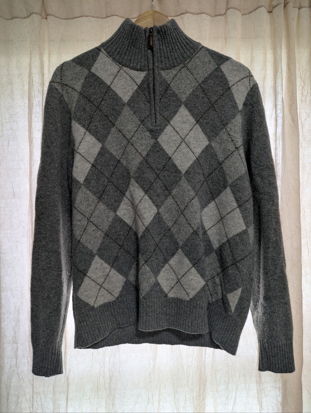 J Crew Sweater Mens XL Gray Argyle 1/4 Zip Lambswool Mock Neck Pullover